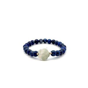 Natural Lapis Lazuli Gemstones Stretch Bracelet Jade Carved Flower with 18k Bead